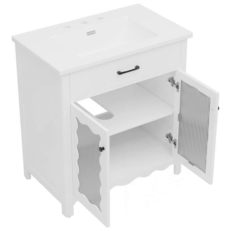 Meuble-lavabo 31 po avec verre trempé, blanc, White