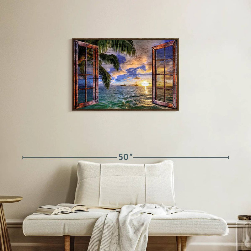Vue de fenêtre en bois tropical, Cadre flottant noyer, 31 po x 21 po