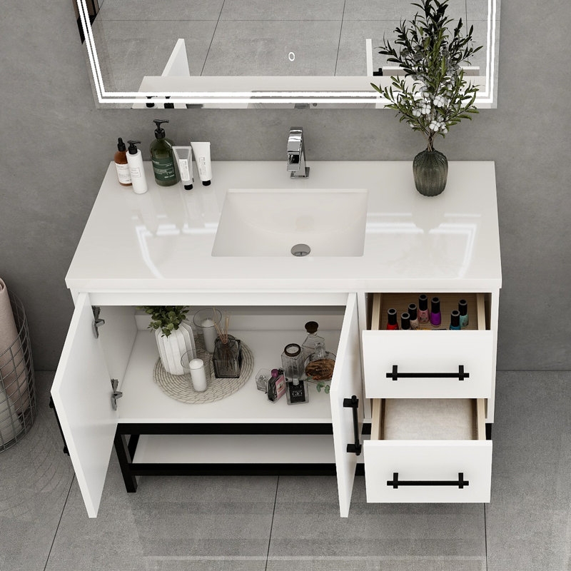 Meuble-lavabo mural droit avec évier et support en acrylique renforcé Victoria, Blanc lustré