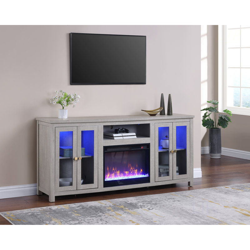 Ellington 70"W Fireplace TV Stand Console With Heater, LED Light, Cabinets, Shelves, Gray Walnut