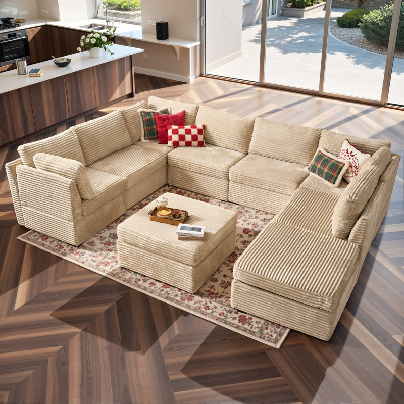 Canapé modulaire en velours côtelé 9 pièces avec repose-pieds mobile 9 pièces, Velours côtelé beige moelleux