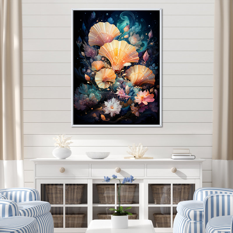 Coquillages dans une galaxie cosmique sur toile, Cadre flottant blanc, H 44 po x l 34 po x P 1,5 po
