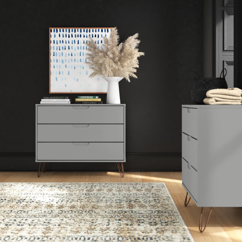 Rockefeller 35" Mid-Century Modern 3-Drawer Bachelor's Chest in Off White, Off White