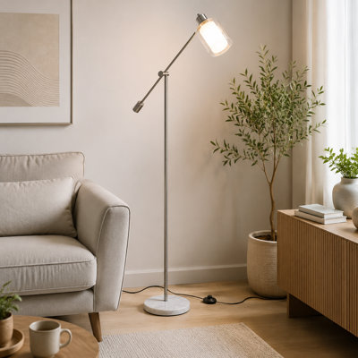 Lampe sur pied glamour de 185 cm avec base en marbre blanc et abat-jour en verre dépoli transparent