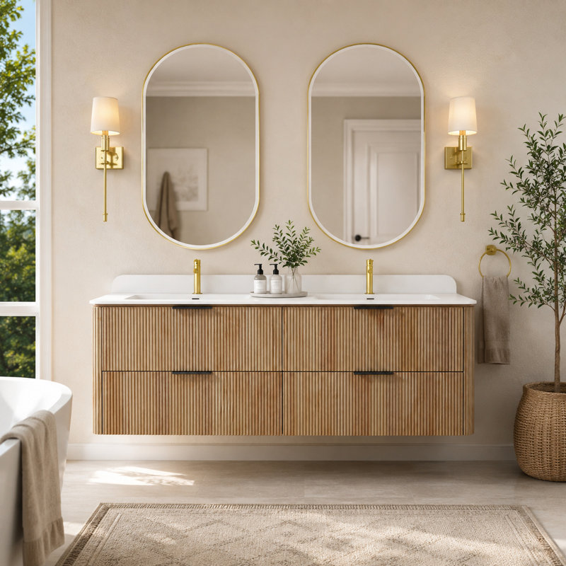 Meuble-lavabo flottant 60 po à double cuve avec plateau en acrylique intégré, Naturel, 60"
