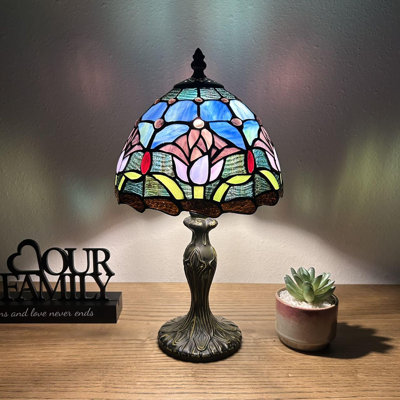 Tiffany Mini Table Lamp Blue Stained Glass Tulips LED Bulb Included 8"D*8"W*15"H