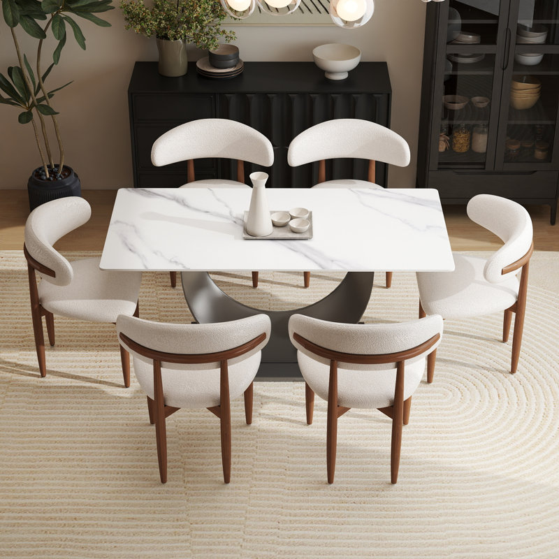 Juvan Modern Sintered Stone Dining Set, 7 Pieces: Table, 6 Chairs, 29.21" H x 62.99" W x 31.5" D, White/Brown