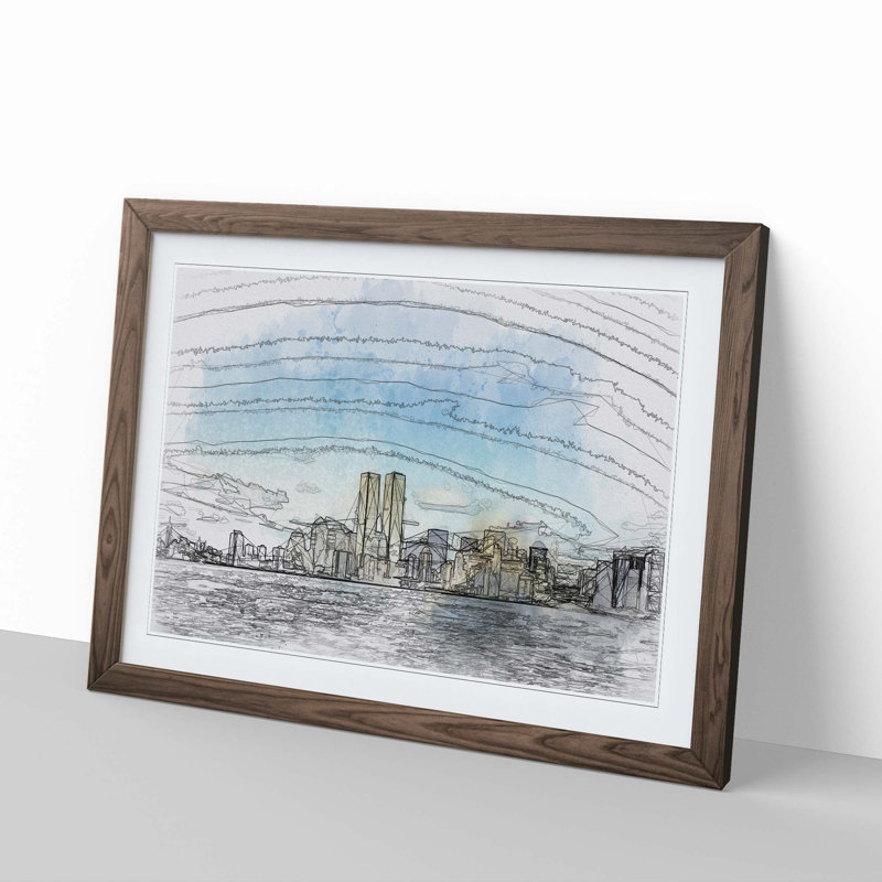 New York Skyline with the Twin Towers in Abstract - Picture Frame Graphic Art Print, Walnut Framed, 27cm H x 36cm W x 2cm D
