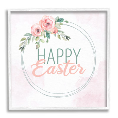 Joyeuses Pâques, bordure florale ronde, motif rose pastel, art texturé par Kim Allen