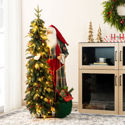 Très grand père Noël enneigé 4 pi avec arbre de Noël artificiel floqué et illuminé 5 pi