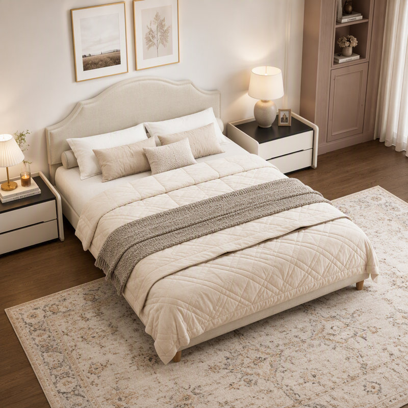 Cadre de lit Queen Size, lit plateforme rembourré avec tête de lit ajustable, tissu en lin rembourré, Grand lit
