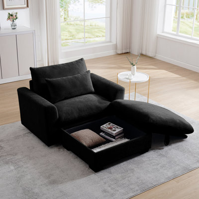 Canapé noir en velours côtelé, canapé modulaire avec repose-pieds de rangement, canapé à assise profonde pour salon / appartement / bureau moderne