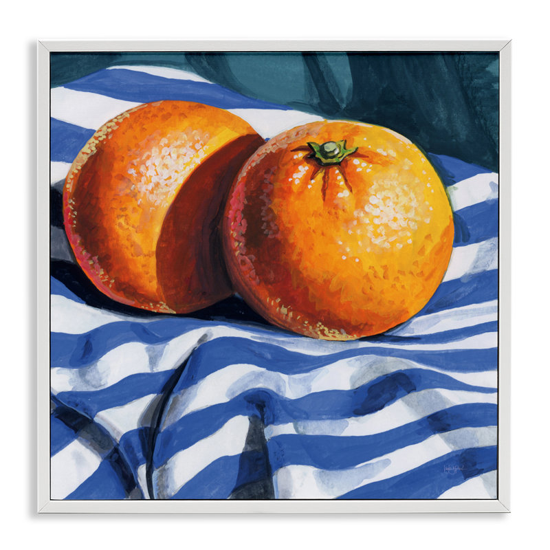 Oranges On Striped Cloth Framed Giclee, design by Kate Jarvik Birch, Coastal White Framed Giclee, 24" H x 24" W