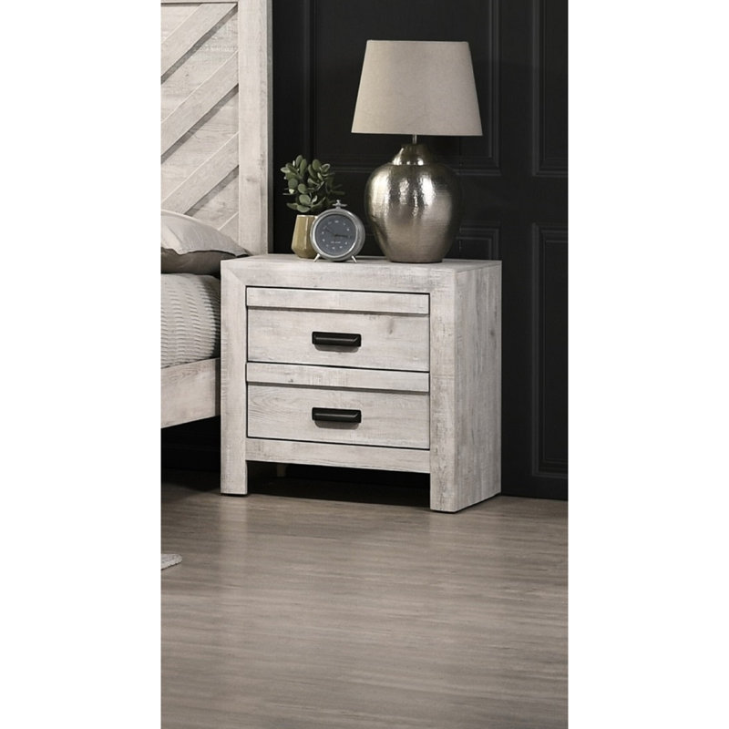 Table de chevet en bois - 2 tiroirs, chambre à coucher beige rustique 2 avec aspect gris