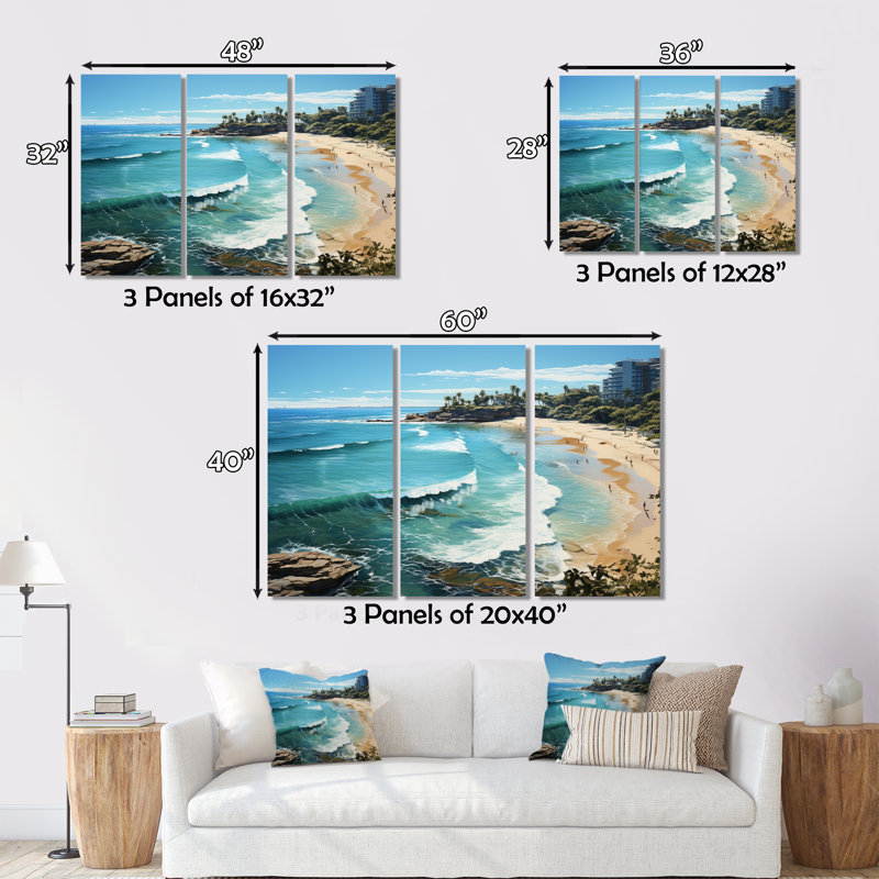 " Beach Surfers Paradise III " 3 - Pieces, 28" H x 36" W x 1" D, Wrapped Canvas