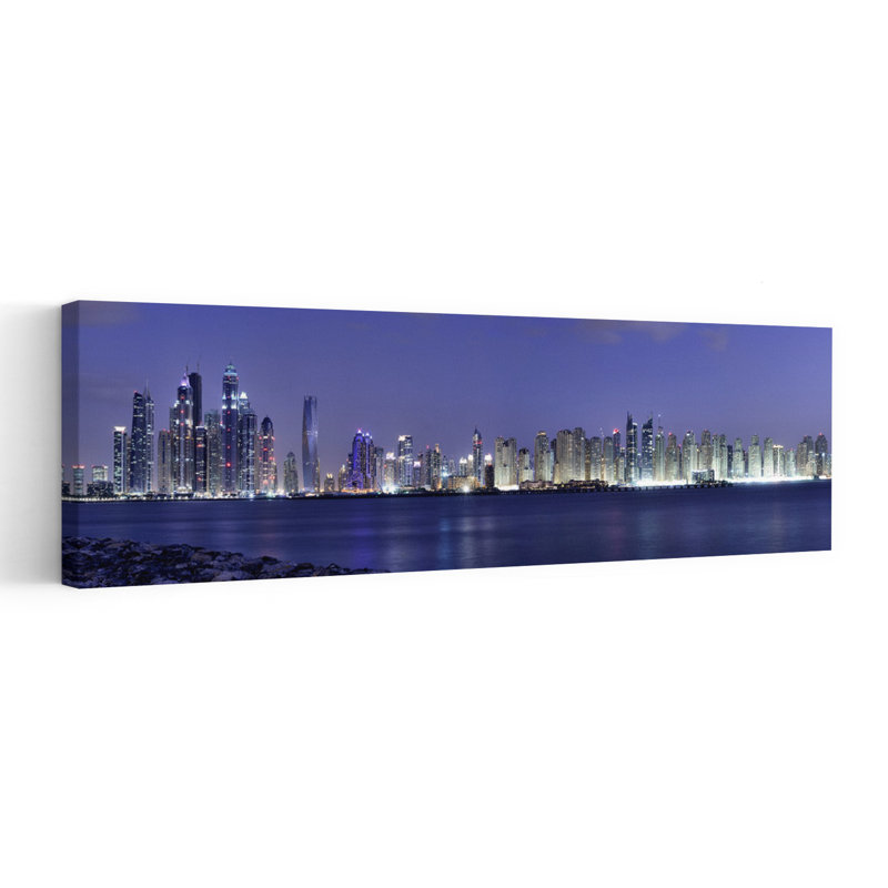 «Illuminated City Skyline Modern Abstract Architecture City», art mural, H 12 po x l 36 po