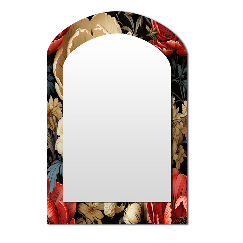 Rouge et beige élégant champ de coquelicots - grand miroir mural arqué sur métal, 43 po x 33 po