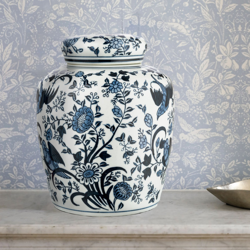 Blue and White Ceramic Ginger Jar with Bird Pattern