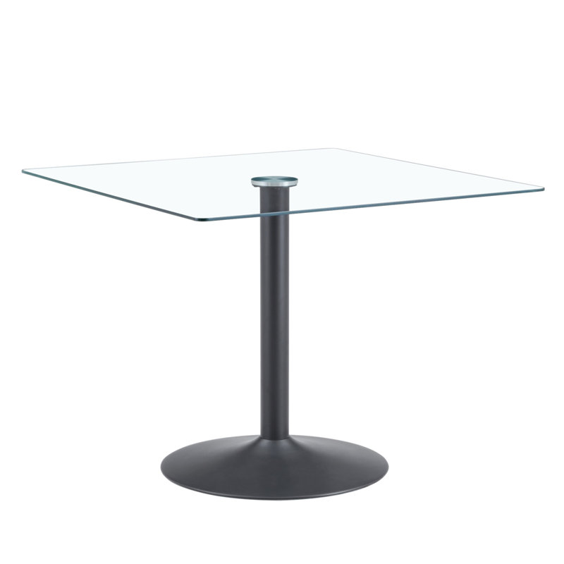 Table de salle à manger 38,5 pouces moderne minimaliste carrée en verre avec base en métal à une colonne. Disponible en noir, or ou argent. Table de salle à manger à domicile. Convient pour 2 à 4 personnes.