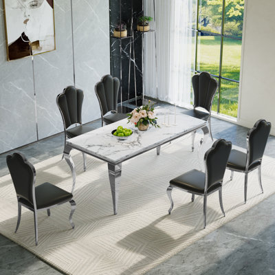 Ensemble de table de salle à manger moderne 7 pièces avec plateau en faux marbre et chaises rembourrées - Table rectangulaire pour 6 pieds en acier inoxydable