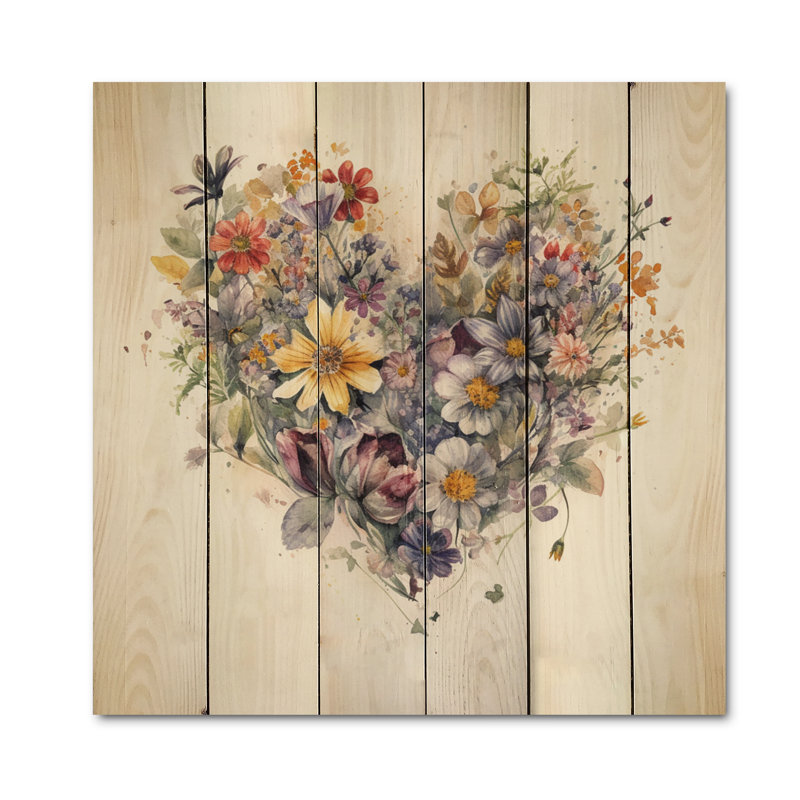 Yeagertown, fleurs mauves et jaunes, élégance sur bois, H 35 po x l 35 po x P 0,78 po