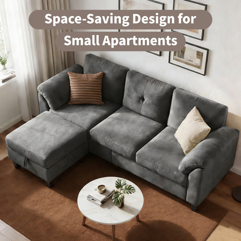 76.4'' Modern 3-Seat Sectional Sofa With Arm Pillows, Convertible Chaise Lounge, Soft Upholstered Couch For Living Room, Gray