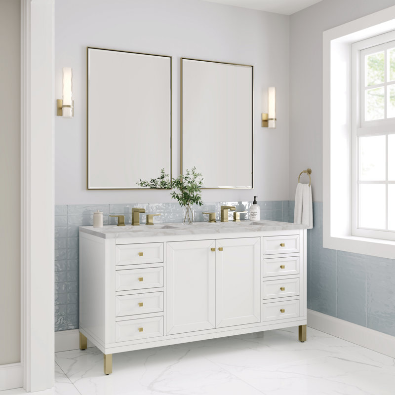 Chicago 60'' W Double Vanity, 8" Widespread, Victorian Silver, Glossy White
