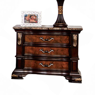 Traditional Style 1Pc Nightstand Sintered Stone Top USB Port Carved Details Drawers Bedroom Furniture