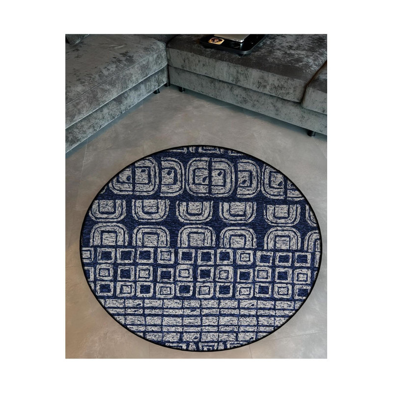 Tapis décoratif moderne à motif géométrique bleu marine, Sous-tapis rond 3 pi 3 po inclus