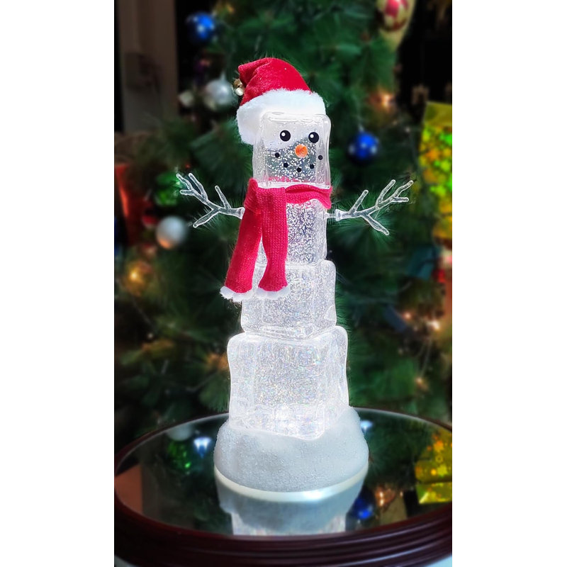 Bonhomme de neige en forme de cube de glace en acrylique 13,5 "de haut - lumières DEL, paillettes tournantes, décorations de Noël à piles