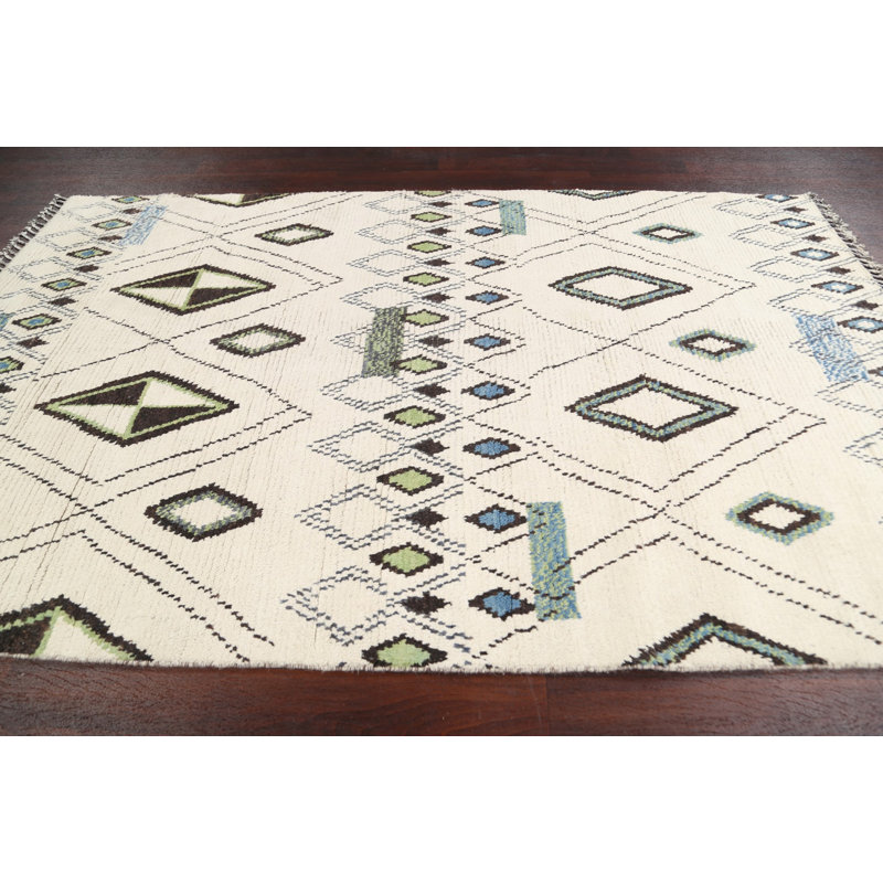 Tapis ivoire en laine noué à la main de conception unique 5 pi 9 po x 9 pi 3 po New Age