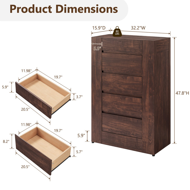 Commode 5 tiroirs, commode moderne sans poignée, Dark Walnut