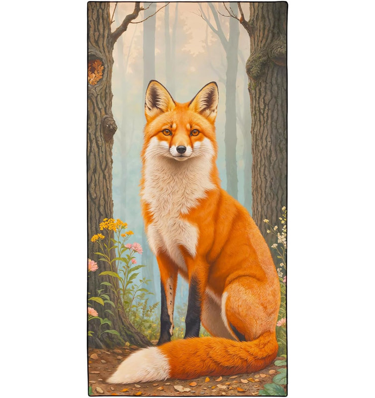 Red Fox Beach Towel Oversized 32" x 63", Misty Forest Animal Print, Thin Lightweight Sand Free Quick Dry Microfiber Towels for Beach Yoga Camping Travel