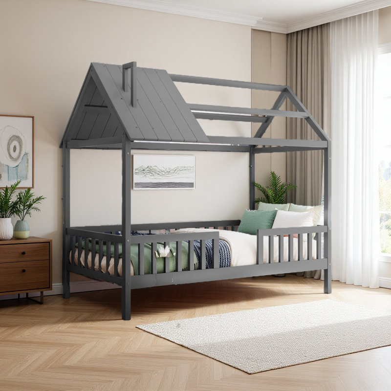 Lit simple en bois avec clôture, Gris