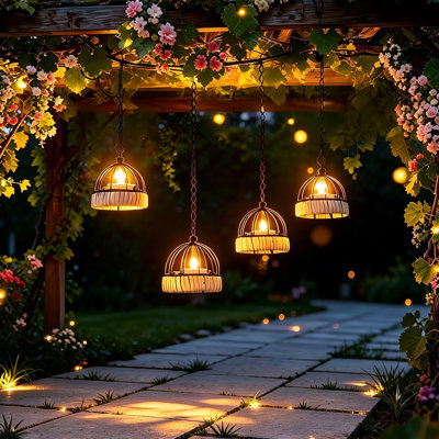Lanternes solaires vacillantes à l'épreuve de l'eau, en fer rouille, suspendues avec bougeoir pour décoration d'arbre de jardin