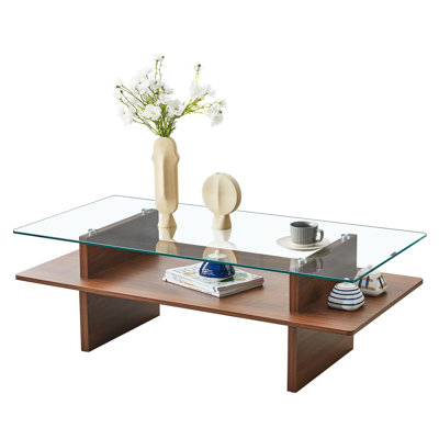 Two-Tier Coffee Table with Tempered Glass Top & Natural Wood Finish Shelf, Modern Living Room Centerpiece