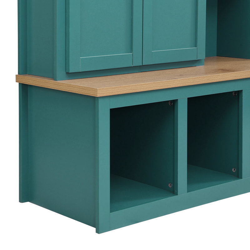 Farmhouse 4-in-1 Hall Tree with 6 Hooks, Storage Bench, and Shoe Cabinet for Entryway, Living Room, Green