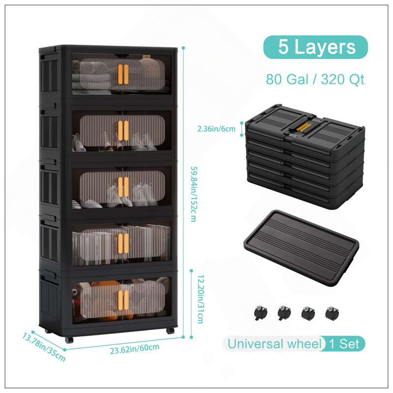 Noir, armoire de rangement pliante latérale de 24 po, 5 niveaux, 23,62 po x 13,78 po x 59,84 po, bacs de rangement pliables avec porte magnétique, armoire de rangement en plastique avec roues