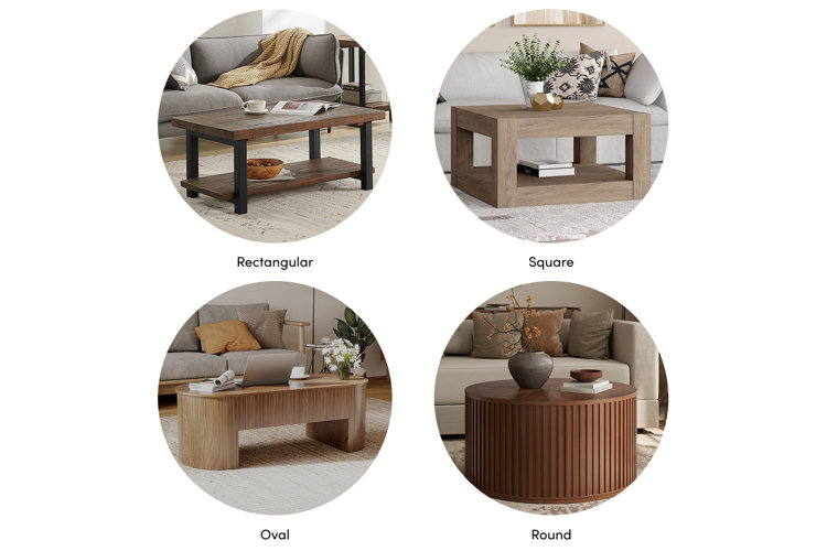 collage of coffee table types: rectangular, square, oval, and round