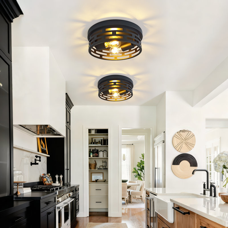2-Light Industrial Flush Mount Ceiling Light, Black Metal Cage Drum Fixture, E26 Base, Modern Farmhouse Close To Ceiling Lighting For Hallway, Bedroom, Kitchen