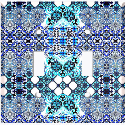 Elegant Blue Teal Tile White Patterned 2 - Gang Toggle Light Switch Standard Wall Plate