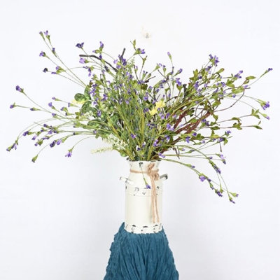 Artificial Spring Summer Wildflower Floral Arrangement With Metal Bucket For Front Door Wall Decor, Farmhouse Blossoms Cluster Greenery Foliage Faux Flower For Dining Table Centerpieces, Home Office Wedding Party Decor