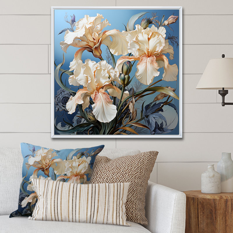Iris baignant dans une aura argentée au clair de lune sur toile, Cadre flottant blanc, H 16 po x l 16 po x P 1 po