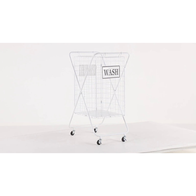 Large White Metal Laundry Hamper with Wheels and Handles