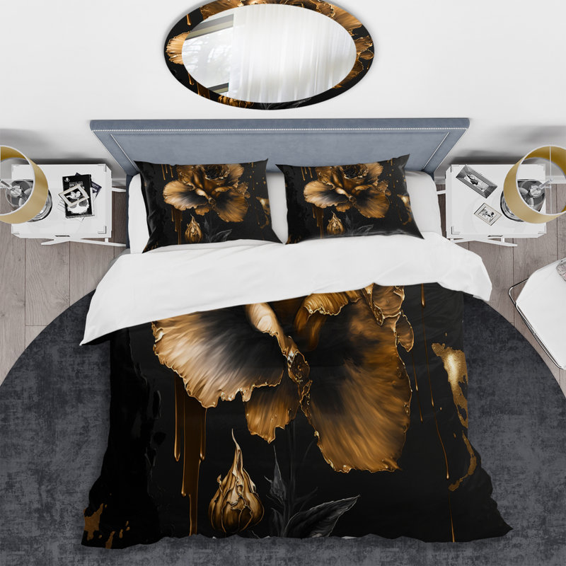 Ensemble de housse de couette Gladiolus III - Floral Gladiolus - noir et doré - microfibre de polyester