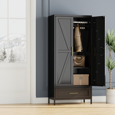 Garde-robe en métal avec tiroirs et tringles de suspension, 71 pouces de hauteur, unité de rangement pour chambre à coucher, 1 tiroir + 1 tablette réglable, 4 pieds de nivellement, noir, à assembler