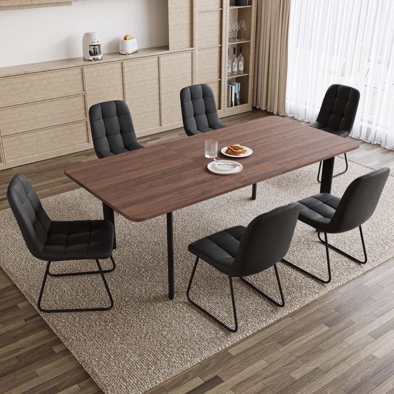 7 - Pieces Modern Kitchen Dining Set, 63'' to 78.7'' Extendable Dining Table with 32.8"H Upholstered Dining Chairs for 6 Person