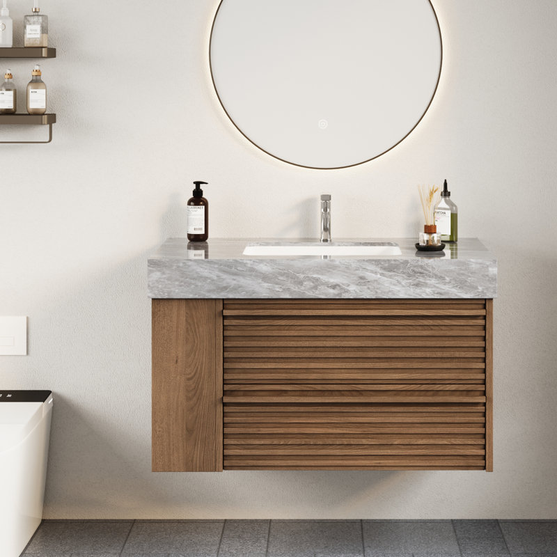 Meuble-lavabo flottant avec tiroirs et tablettes ouvertes 36 po, brun, Brun