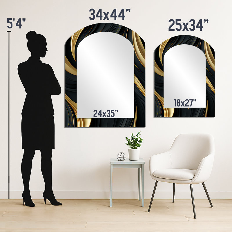 Shanaghy Paisley Black And Gold Elegant Ebony - Paisley Arch Decorative Mirror, Glam Asymmetrical Wall Mirror, Printed Metal Art