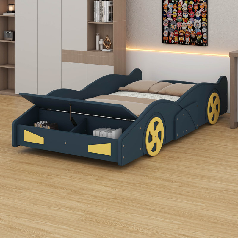 Lit de course en forme de voiture, lit plateforme en bois avec rangement et roues, Lit simple, Bleu très foncé